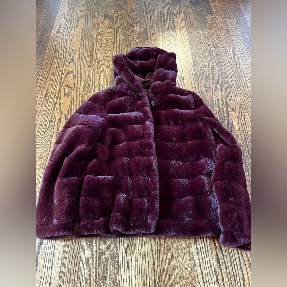 Luxe Velvet Hooded Fur Jacket - Burgundy size Small - Picture 4 of 7